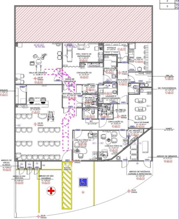 Planta de fluxo de uma clínica aprovada, com setorização, acessos e abrigos de gases